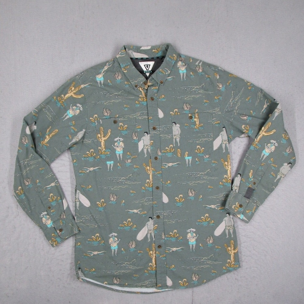 Vissla Mens Long Sleeve Button Down Shirt Sage Green Surfer Print M511AVIV L